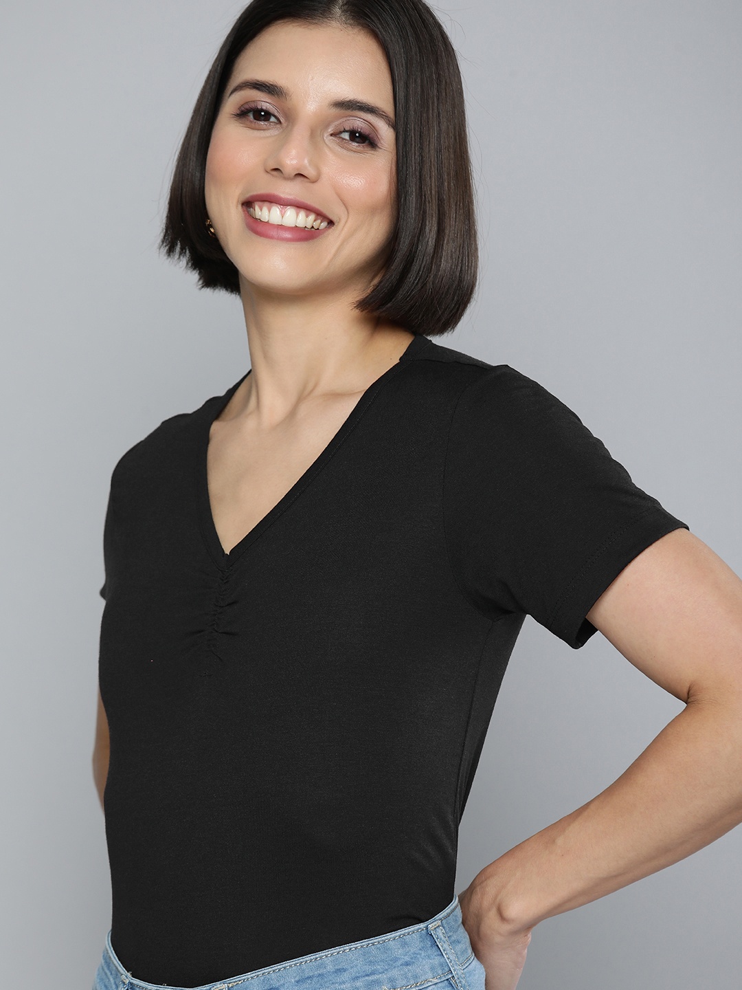 

Mast & Harbour Women Black Solid V-Neck Slim Fit Casual T-shirt