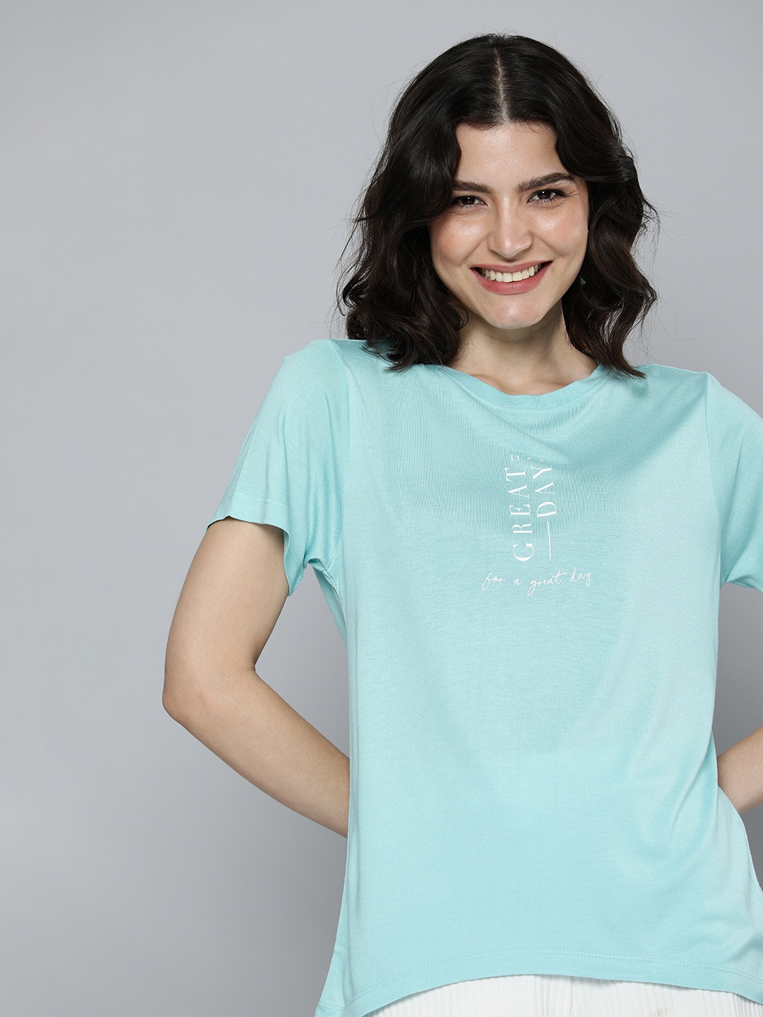

M&H Easy Women Blue Typography Printed T-shirt