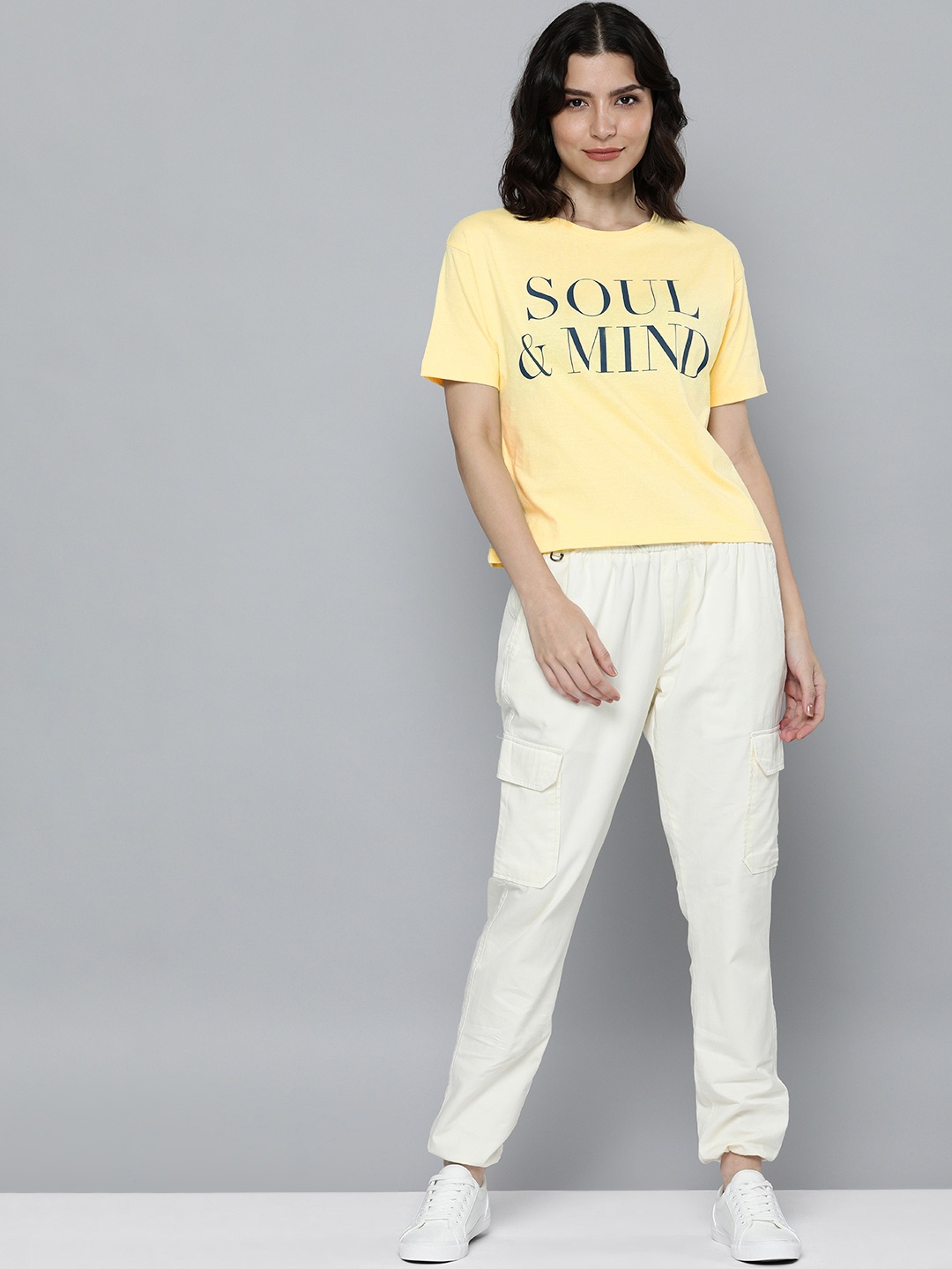 

M&H Easy Women Yellow Typography Printed Pure Cotton T-shirt