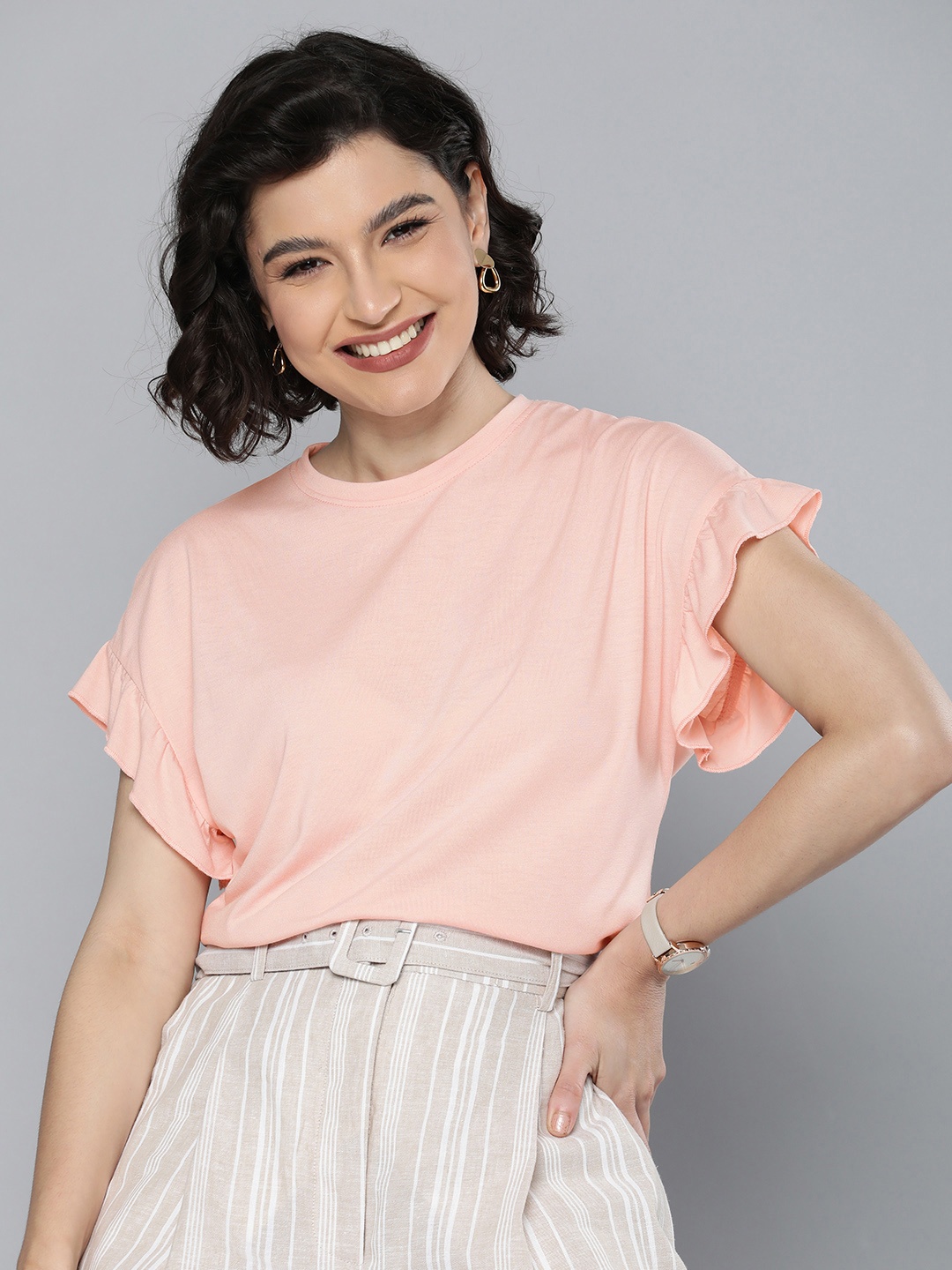

Mast & Harbour Women Peach-Coloured Solid Extended Sleeves T-shirt