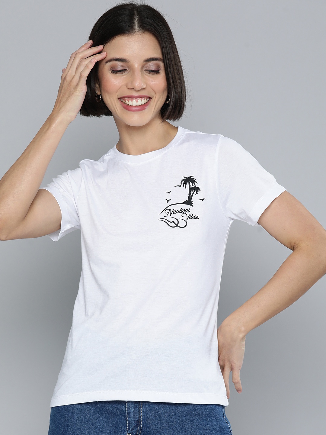 

Mast & Harbour Women White Placement Printed Slim Fit Casual T-shirt