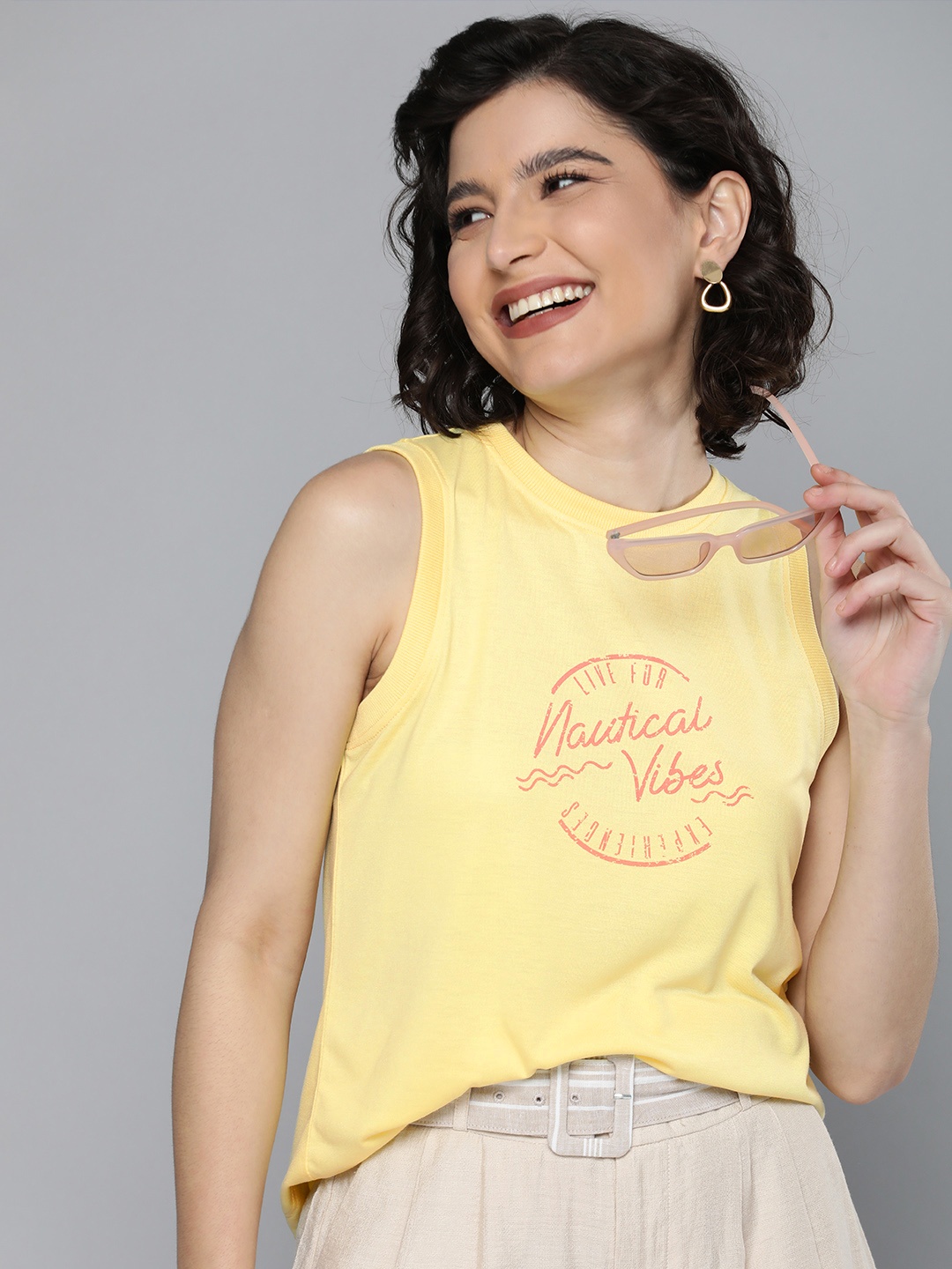 

Mast & Harbour Women Yellow & Red Typography Printed Sleevless T-shirt