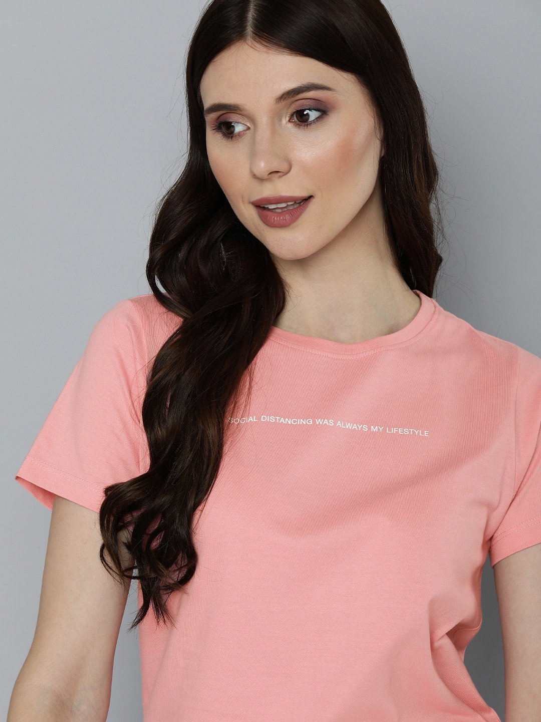 

M&H Easy Women Pink & White Typography Printed Pure Cotton T-shirt