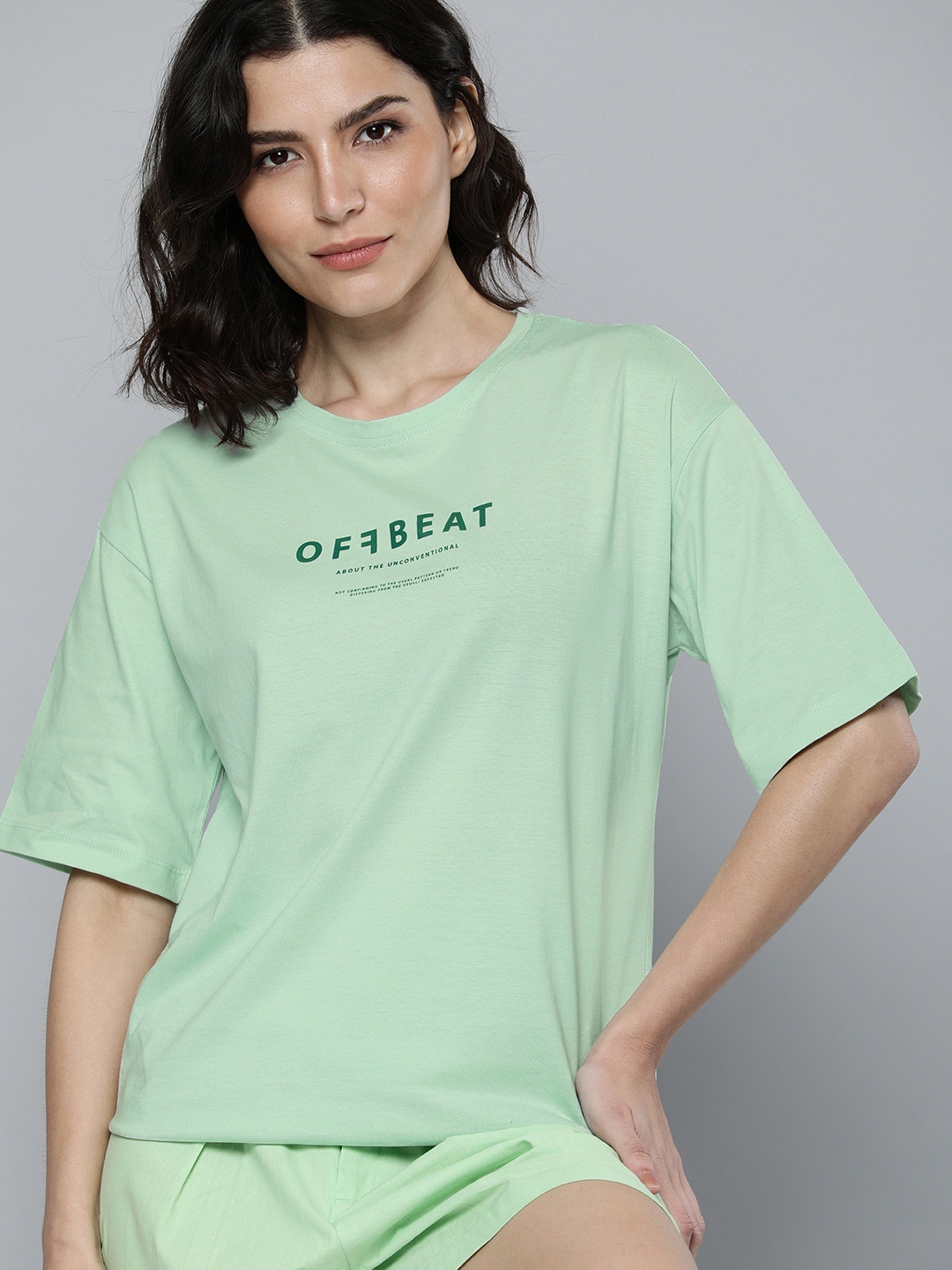 

M&H Easy Women Mint Green Typography Printed Pure Cotton T-shirt