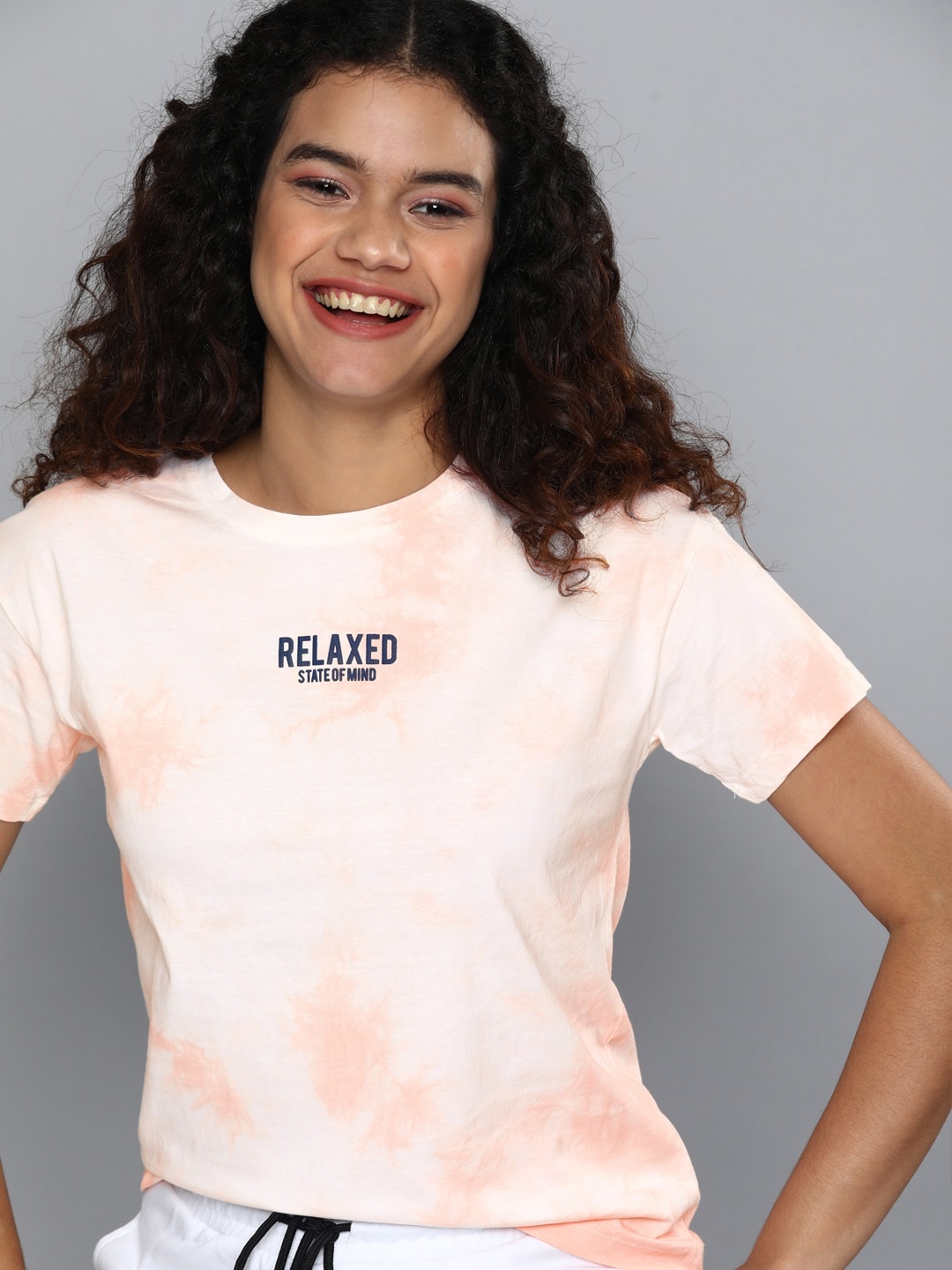 

M&H Easy Women Peach & White Tie and Dye Printed Applique Pure Cotton T-shirt