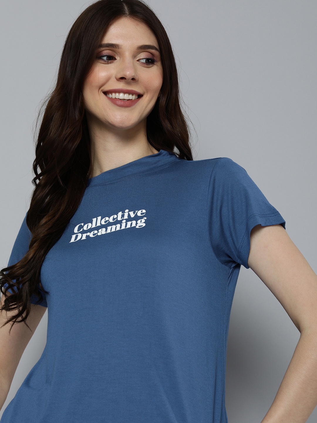 

M&H Easy Women Navy Blue Typography Printed T-shirt