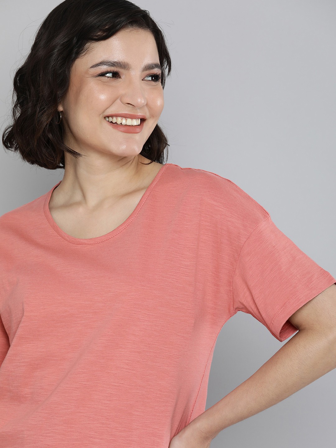

M&H Easy Women Rose Solid Extended Sleeves Pure Cotton T-shirt