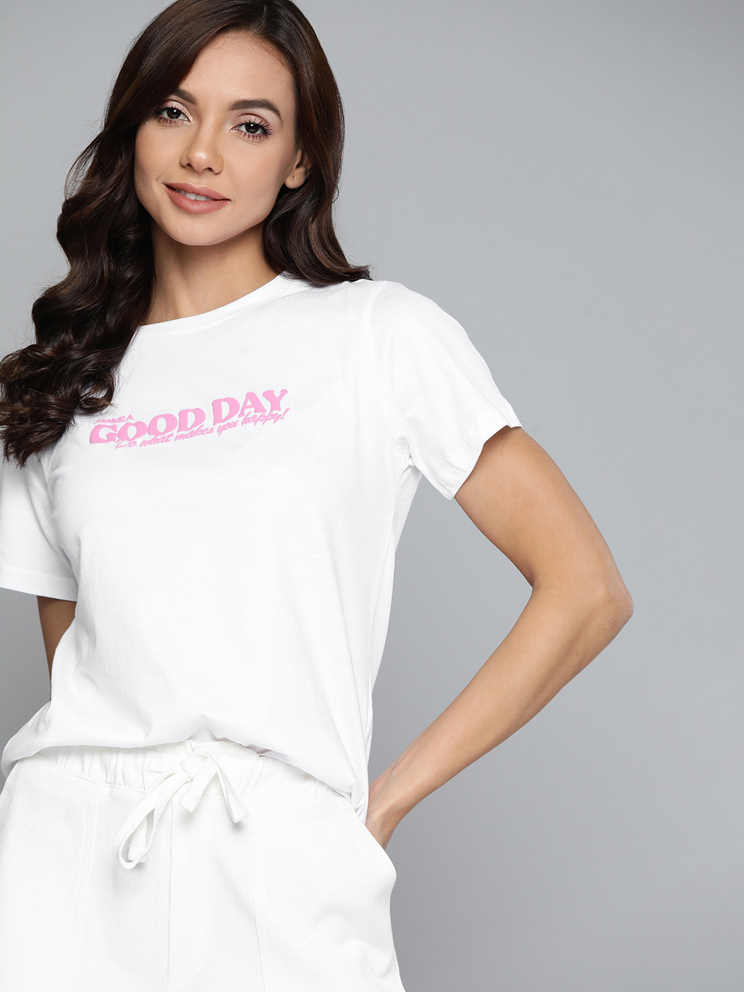 

M&H Easy Women White Typography Printed Pure Cotton T-shirt