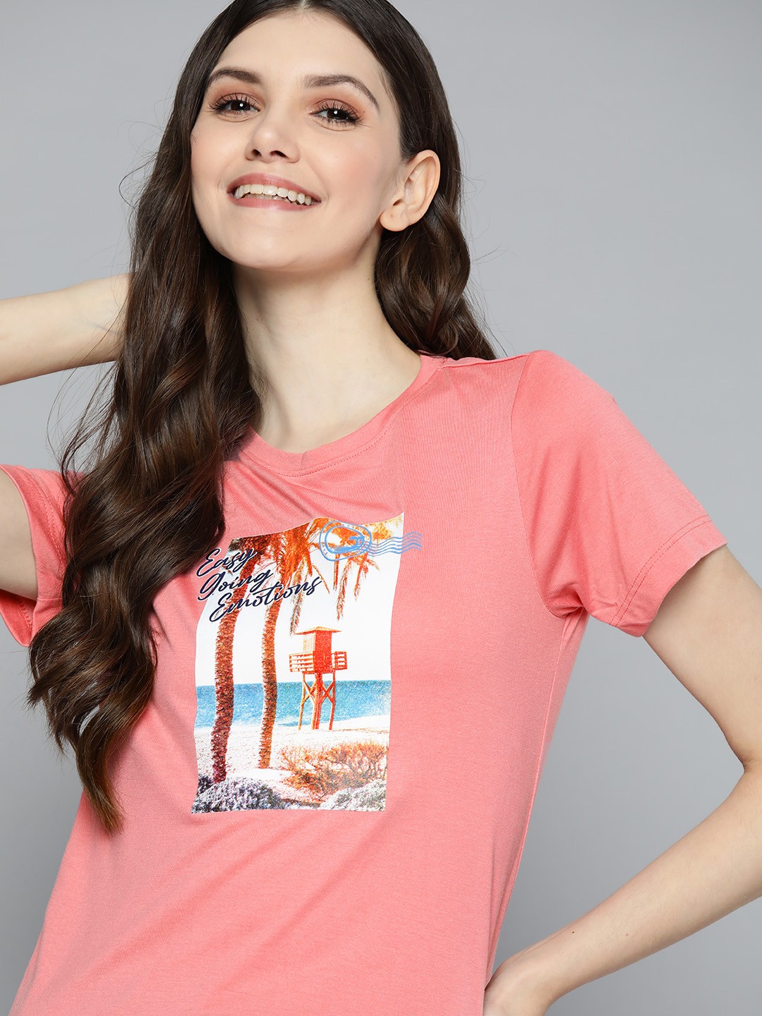 

Mast & Harbour Women Pink & White Printed Tropical T-shirt
