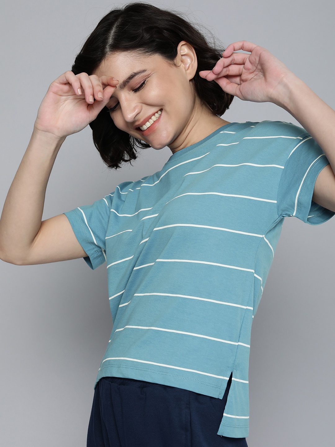 

M&H Easy Women Blue & White Striped Pure Cotton Casual T-shirt