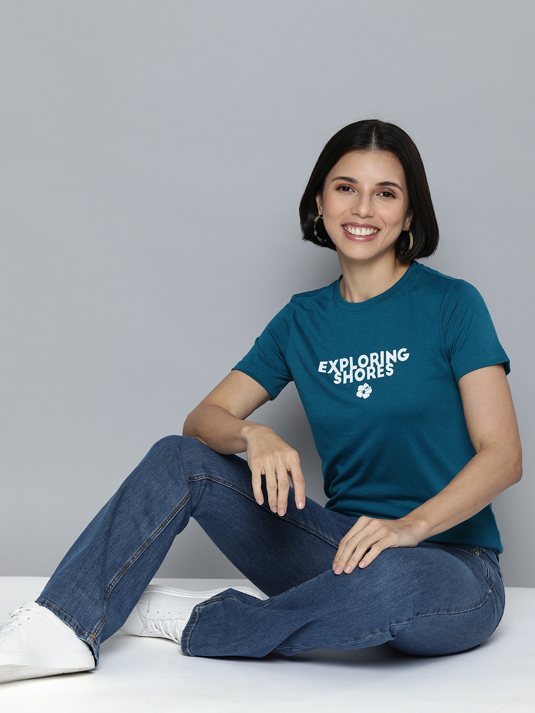 

Mast & Harbour Women Teal Blue Typography Printed Casual T-shirt
