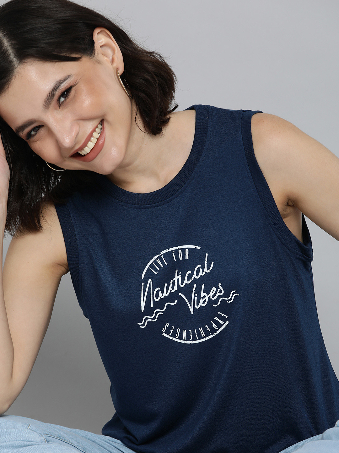 

Mast & Harbour Women Navy Blue & White Typography Printed T-shirt