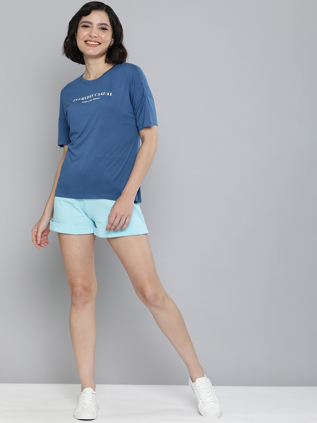 

M&H Easy Women Blue & White Printed Extended Sleeves T-shirt