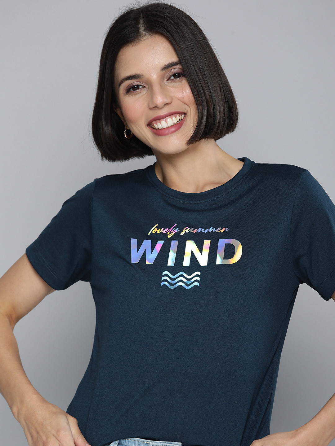 

Mast & Harbour Women Navy Blue Typography Printed Applique Slim Fit Casual T-shirt