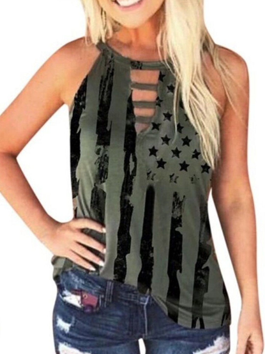 

La Aimee Women Olive Green & Black Striped Halter Neck Top