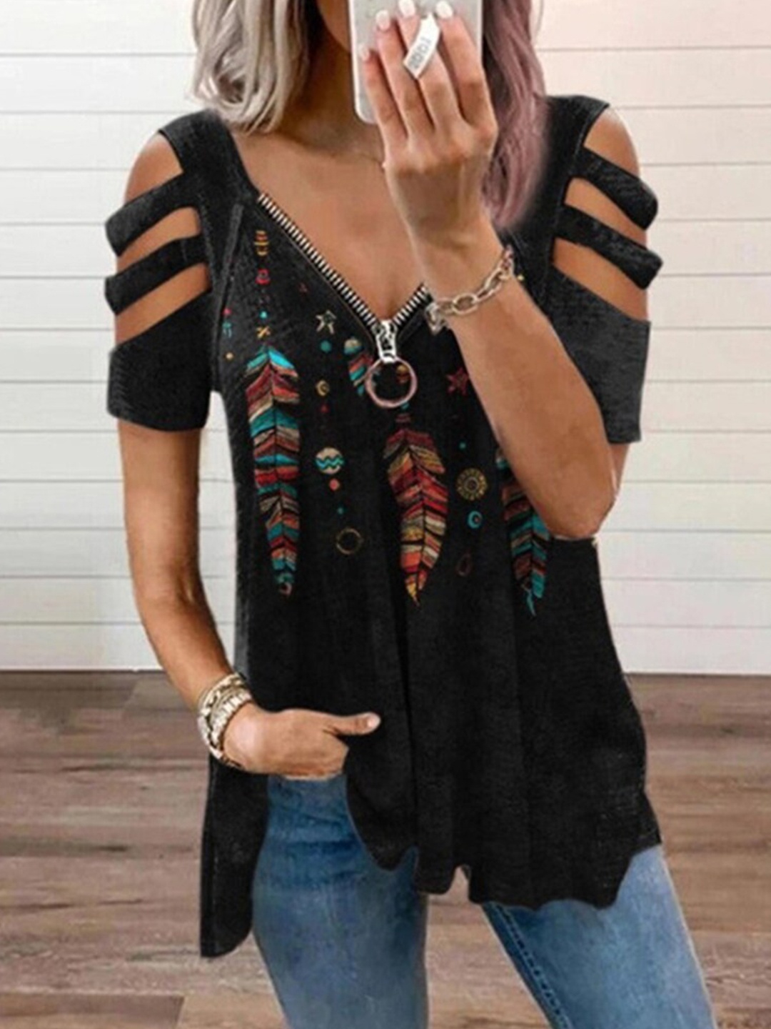 

La Aimee Women Stylish Black Floral Cold-Shoulder Sleeves Top