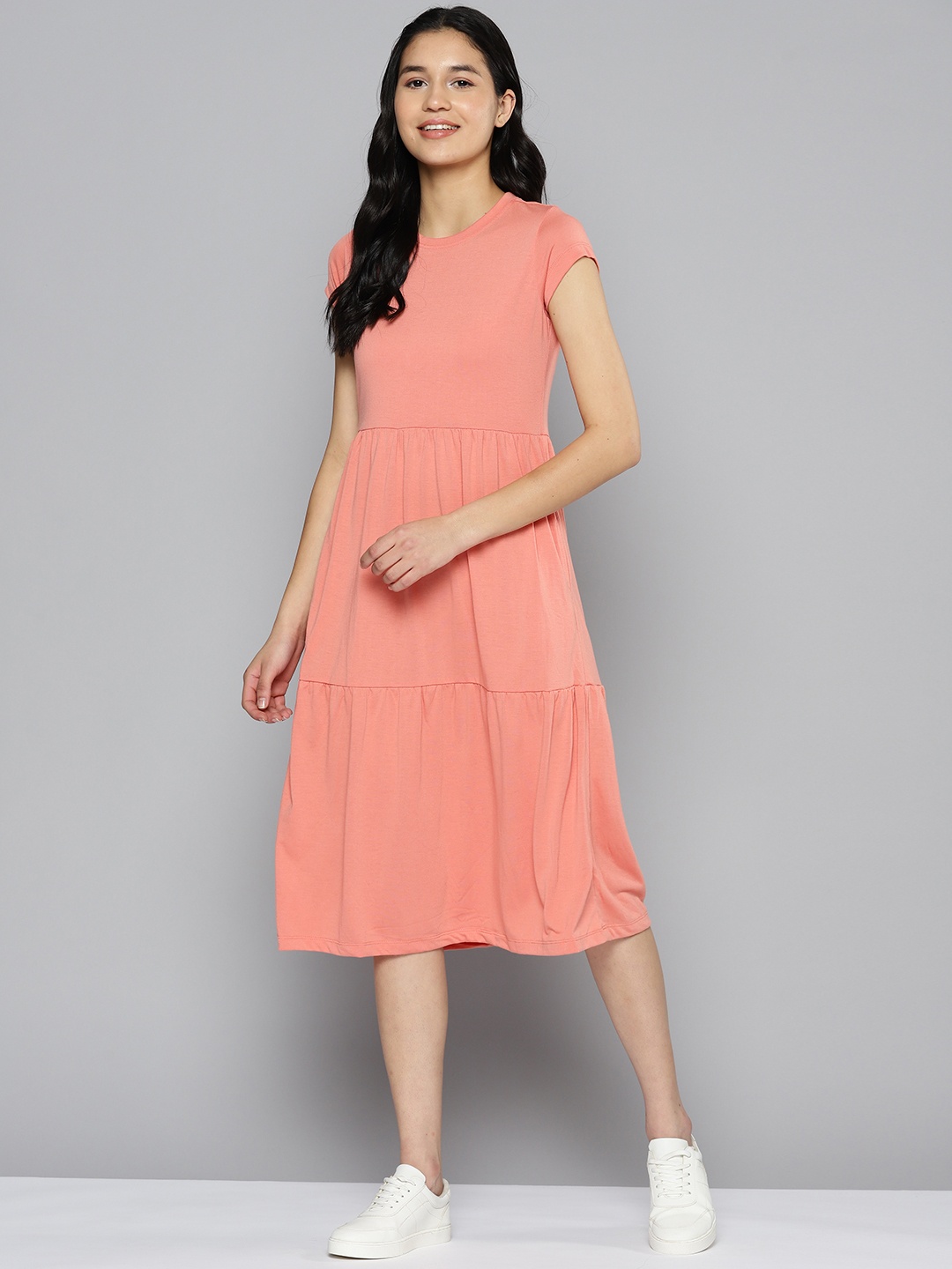 

M&H Easy Women Pleated Fit and Flare Dress, Coral