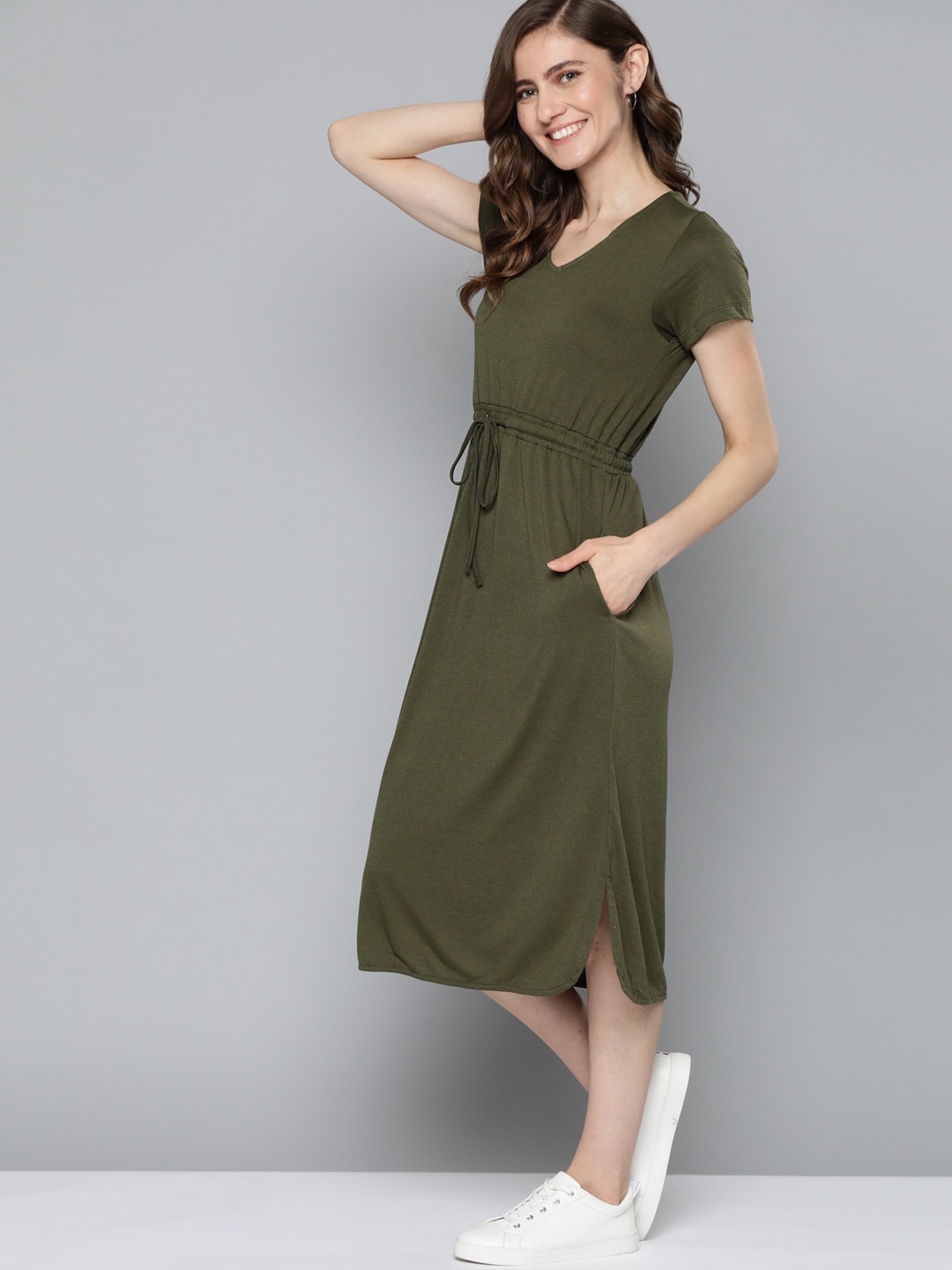 

M&H Easy Women Olive Green Solid V-Neck Sheath Midi Dress With Waist Tie-Ups