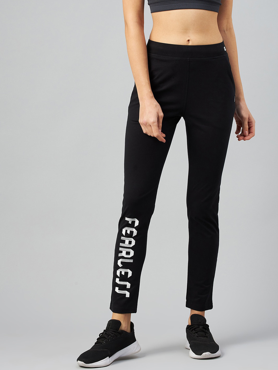 

C9 AIRWEAR Women Black Solid Slim-fit Cotton Track Pants with Print Detail