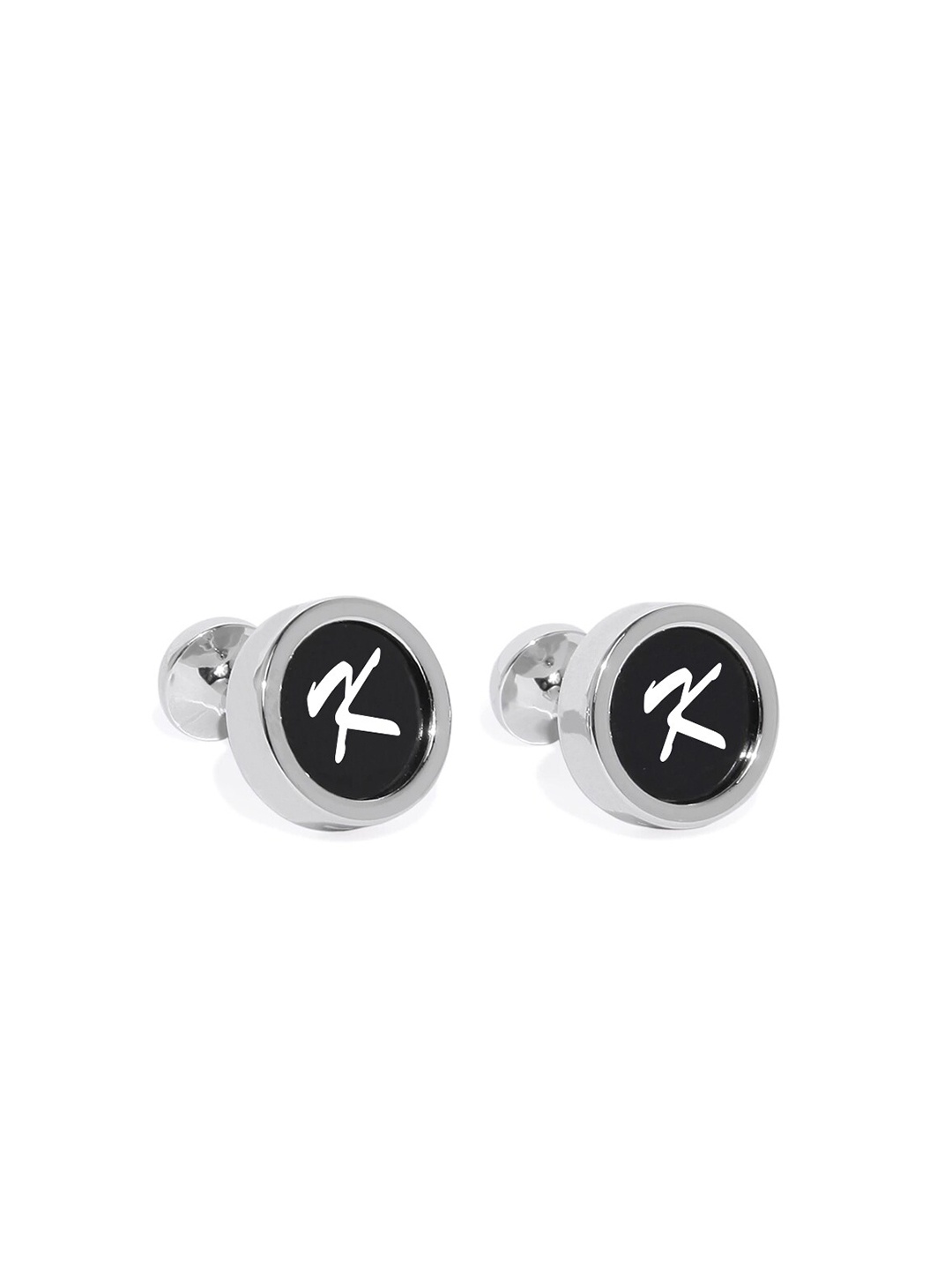 

Blacksmith Silver-Plated Black Alphabet K Printed Round Cufflink