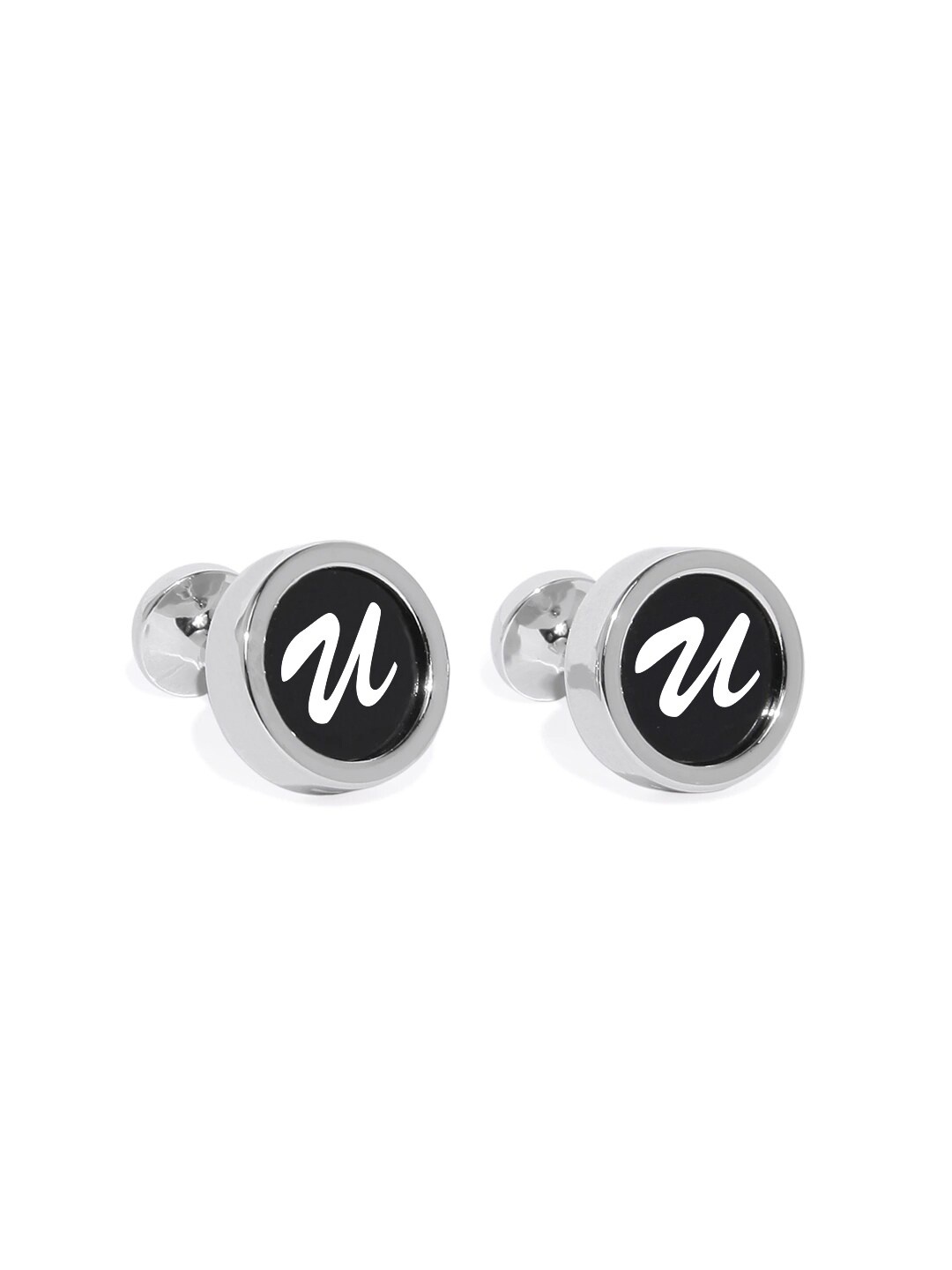 

Blacksmith Silver-Plated Black Alphabet U Printed Round Cufflink