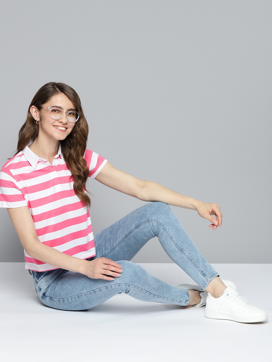 

Mast & Harbour Women Pink & White Striped Polo Collar T-shirt