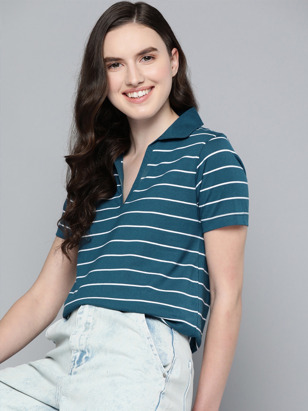 

Mast & Harbour Women Striped Polo Collar Regular Fit T-shirt, Teal