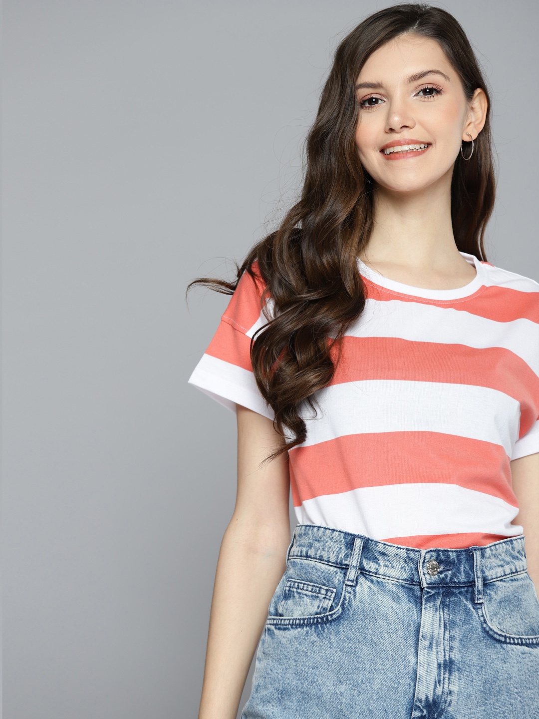 

Mast & Harbour Women Peach-Coloured & White Striped Extended Sleeves T-shirt