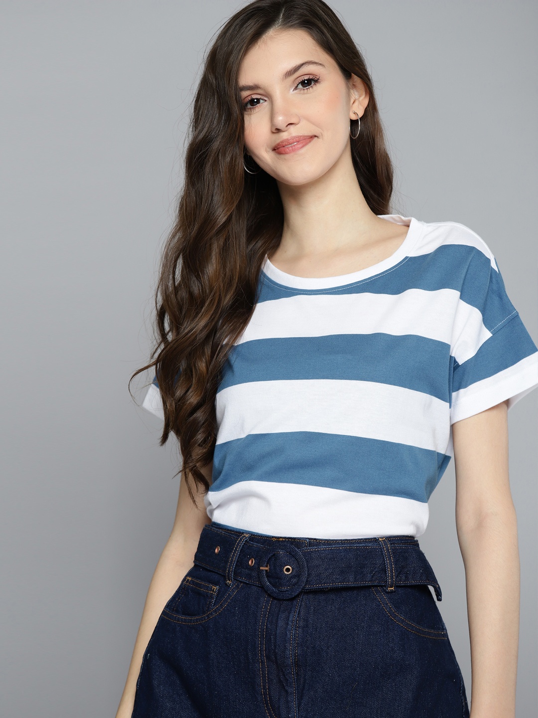 

Mast & Harbour Women Blue & White Striped Extended Sleeves T-shirt