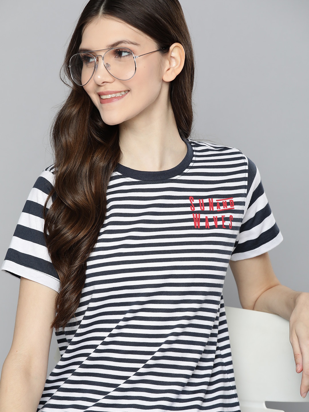 

Mast & Harbour Women White & Navy Blue Striped T-shirt