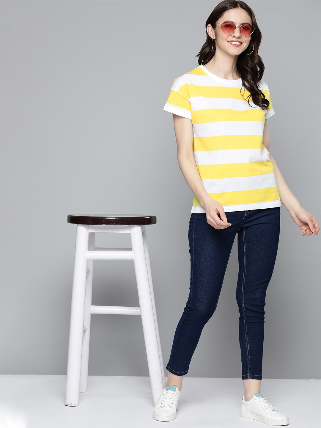 

Mast & Harbour Women White & Yellow Striped T-shirt