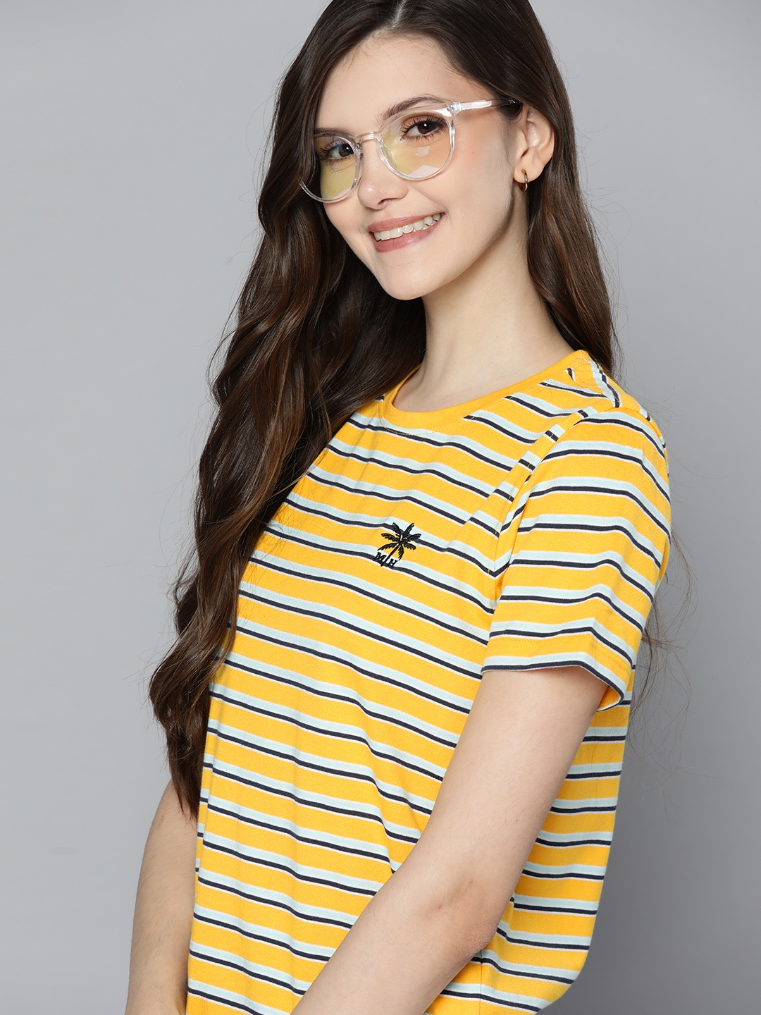 

Mast & Harbour Women Mustard Yellow & Black Striped T-shirt