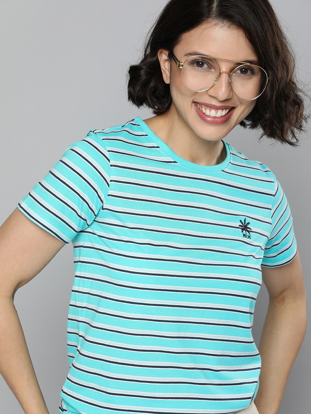 

Mast & Harbour Women Sea Green & White Striped Casual T-shirt