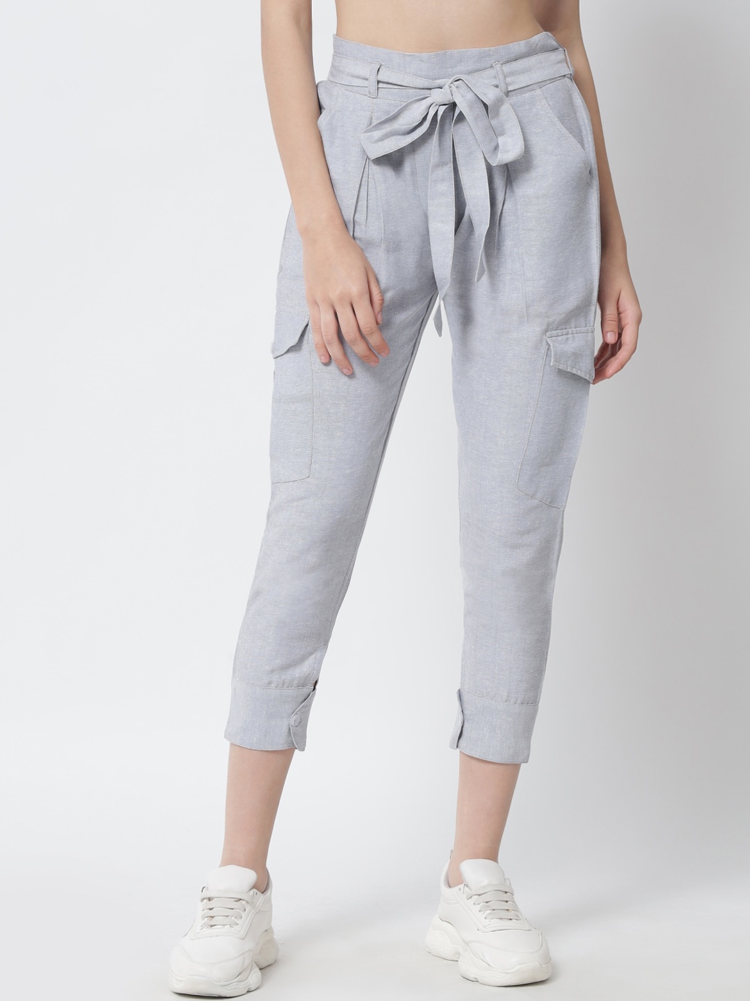 

Tulsattva Women Grey Textured Smart Tapered Fit Easy Wash Cotton Trousers