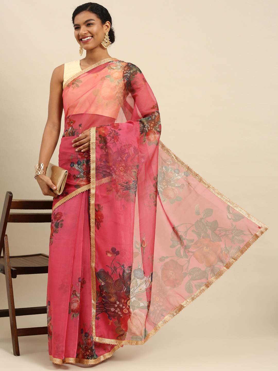 

all about you Pink Floral Print Organza Tussar Saree