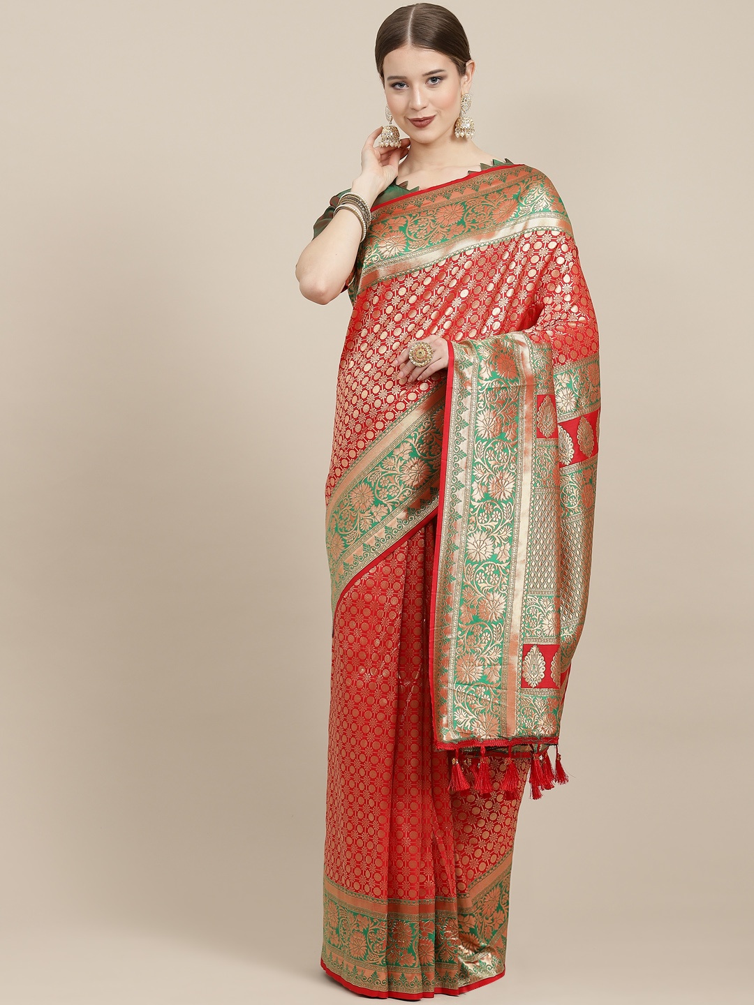 

Satrani Red & Golden Woven Design Kanjeevaram Saree