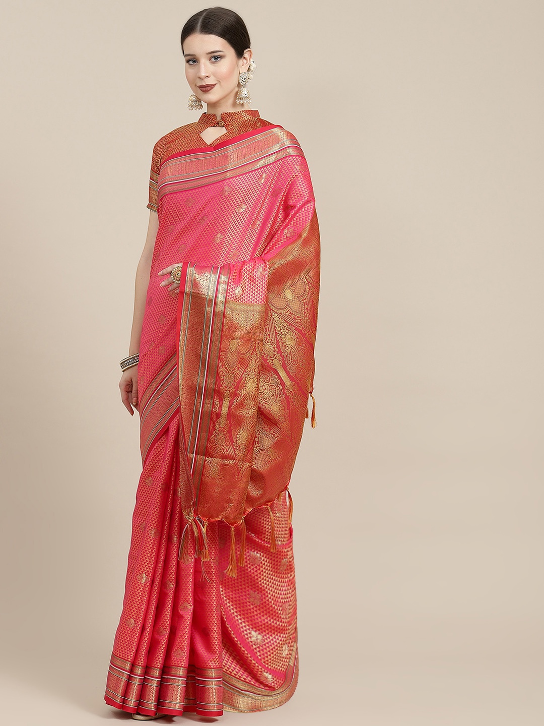 

Satrani Pink & Golden Woven Design Saree