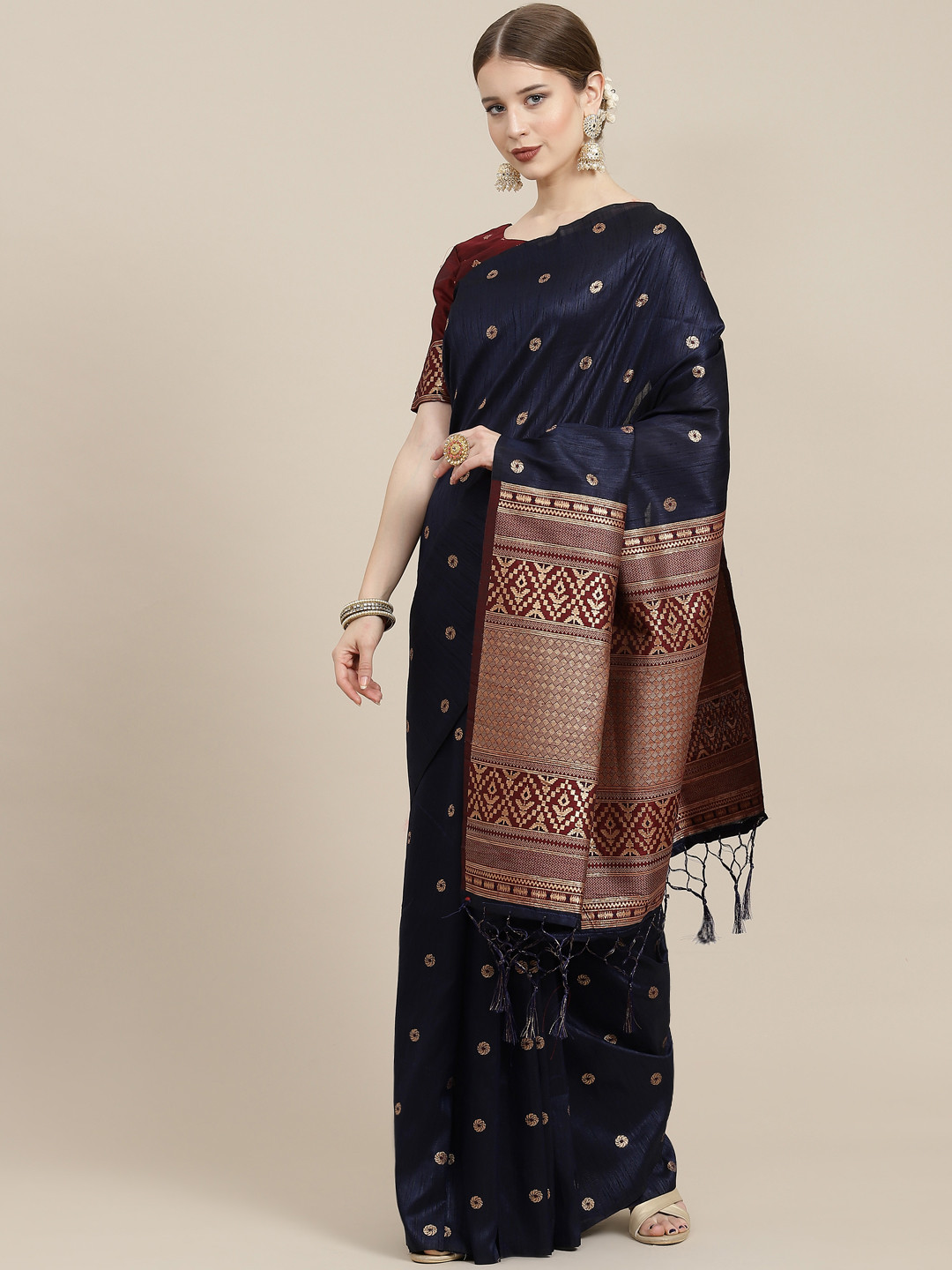 

Satrani Navy Blue Woven Design Saree
