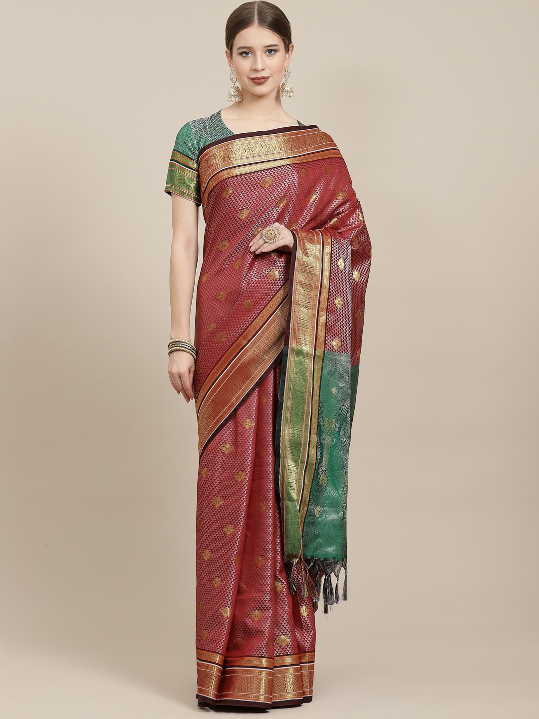 

Satrani Maroon & Golden Dual-Toned Woven Design Saree