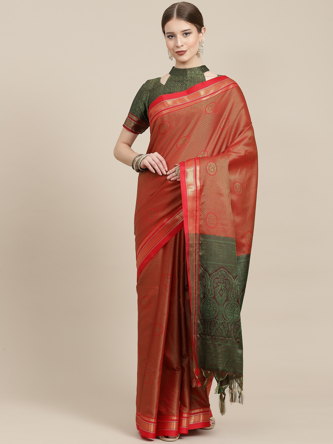 

Satrani Red Dual-Toned Woven Design Saree