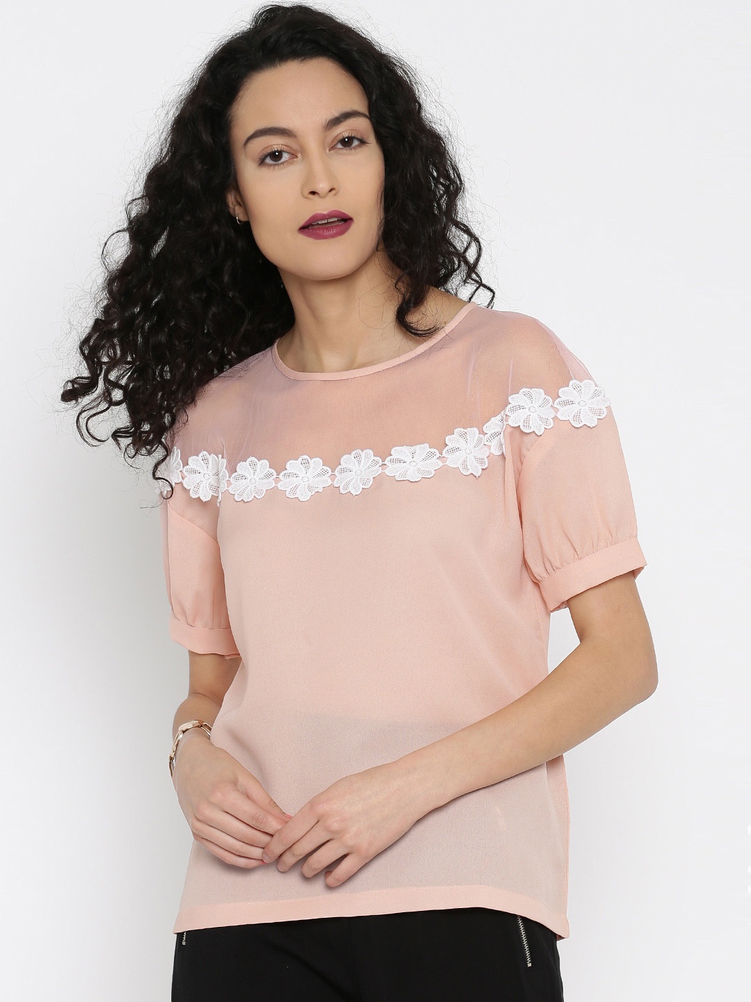 

Miss Chase Women Peach-Coloured Semi-Sheer Top