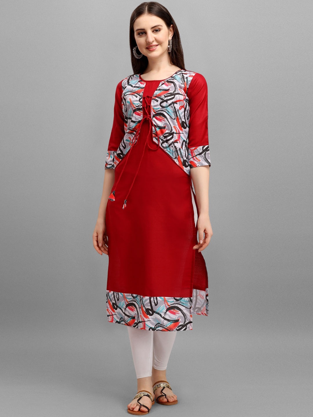 

Wedani Women Red & White Printed Thread Work Straight Kurta