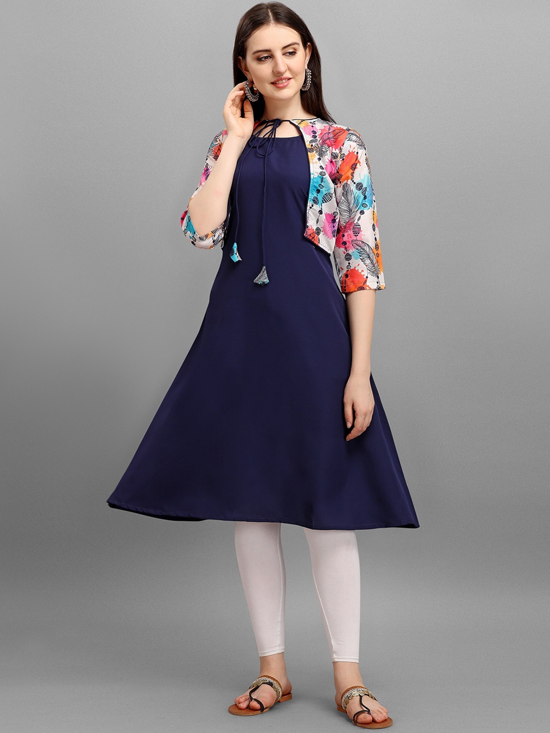 

Wedani Women Navy Blue & White Floral Printed Straight Cotton Kurta