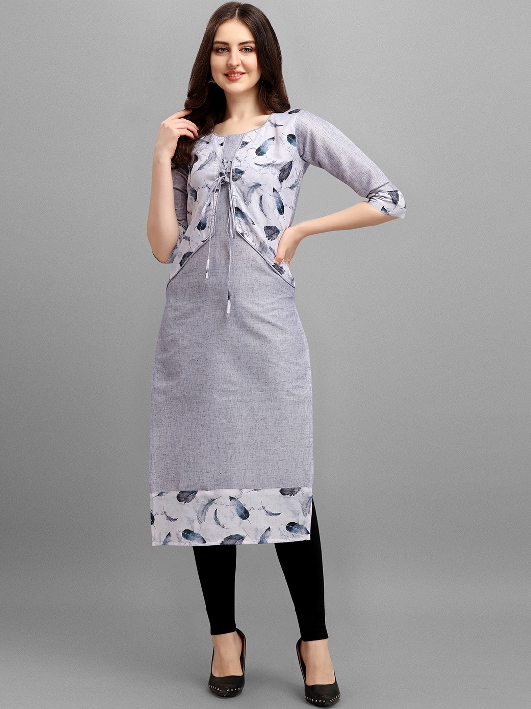 

Wedani Women Grey & Blue Floral Printed Straight Cotton Kurta