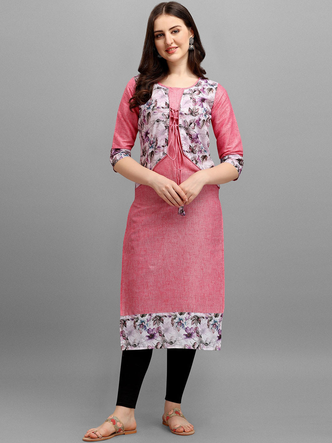 

Wedani Women Pink & White Floral Printed Floral Straight Cotton Kurta
