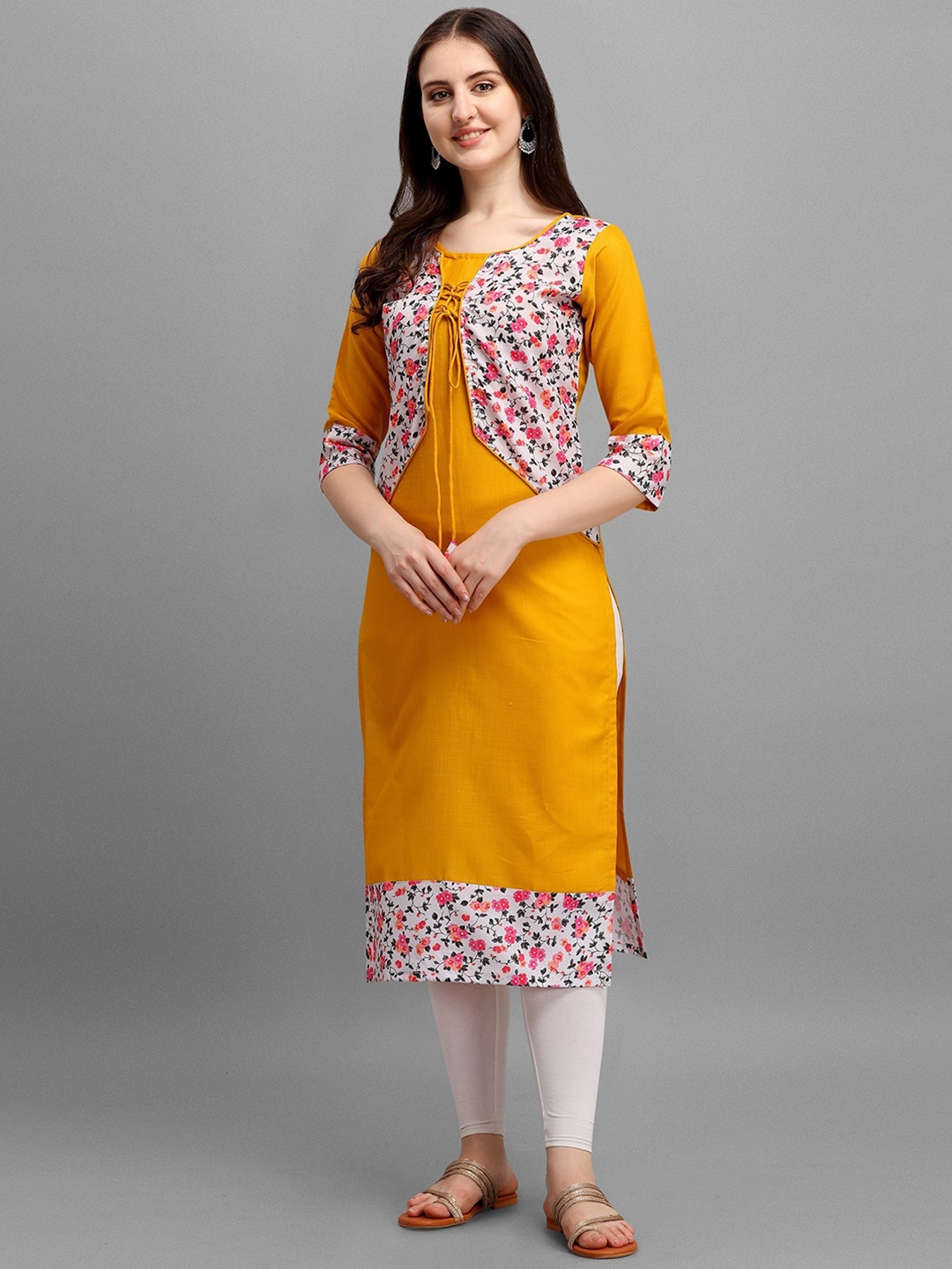 

Wedani Women Yellow Floral Printed Floral Straight Cotton Kurta