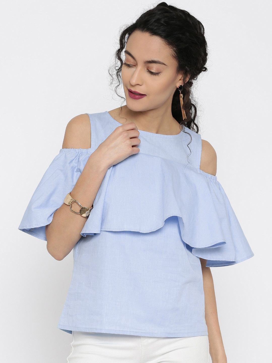 

Miss Chase Women Blue Cold-Shoulder Ruffled Top