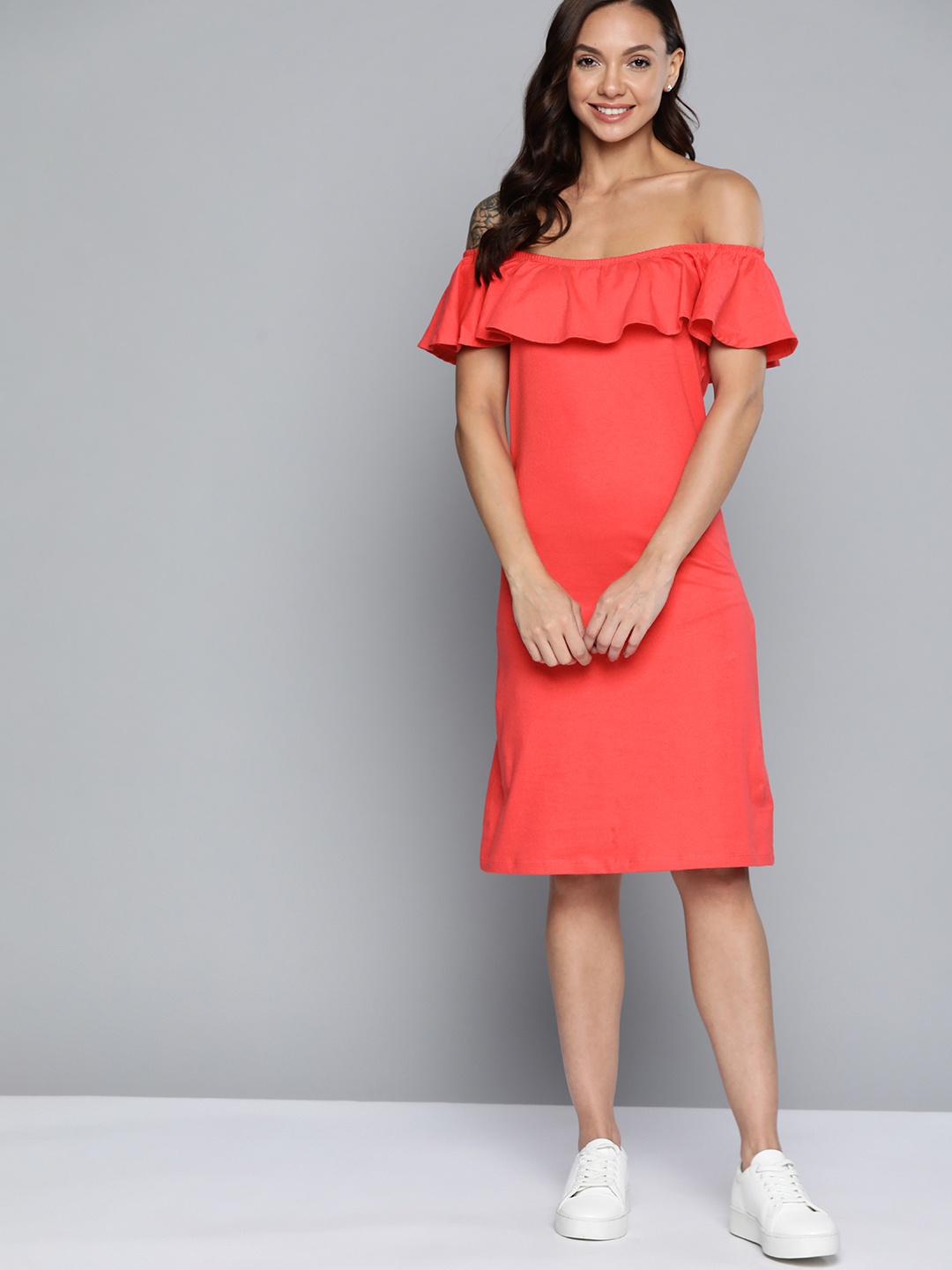 

Mast & Harbour Coral Red Solid Off-Shoulder A-Line Dress