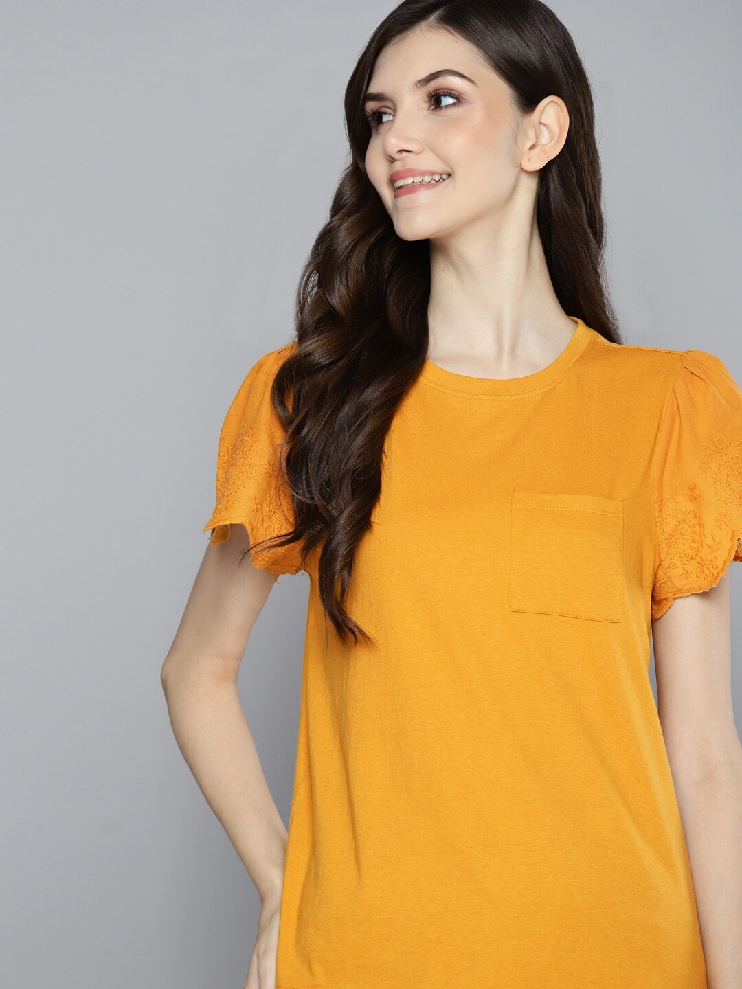 

Mast & Harbour Women Mustard Yellow Pure Cotton T-shirt