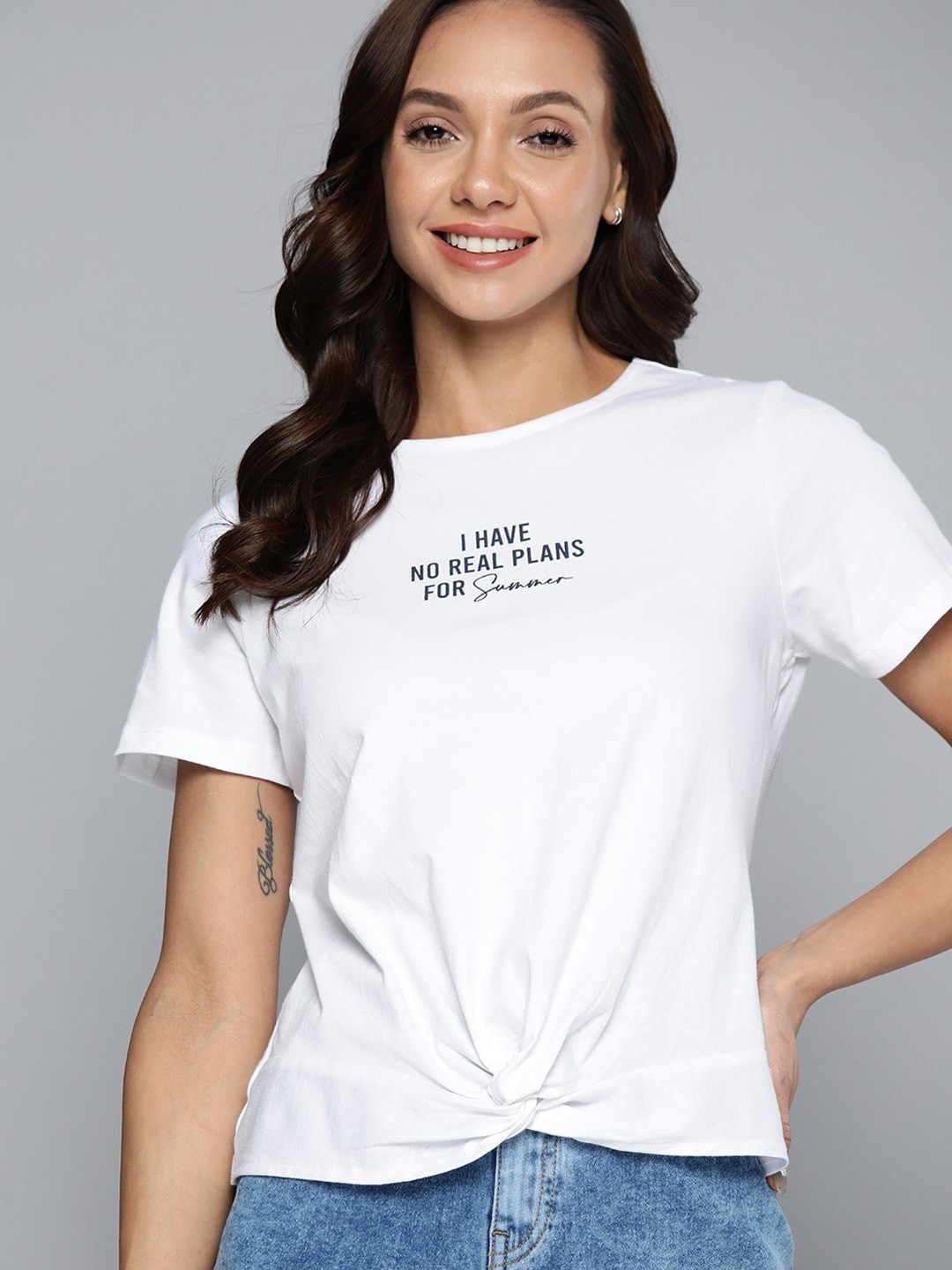 

Mast & Harbour Women White Printed Pure Cotton T-shirt